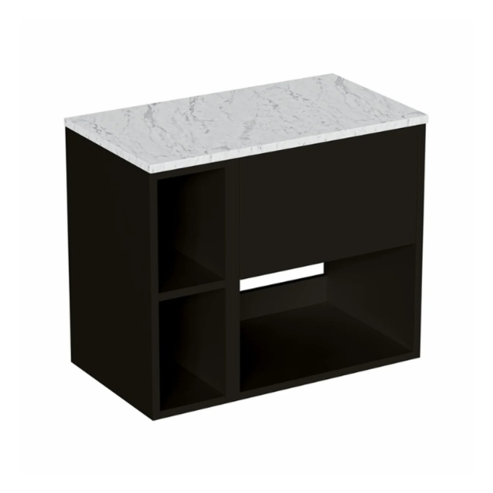 Cut out image of the Britton Hackney Matt Black 700mm Wall Hung Vanity Unit with Worktop & Shelf Unit